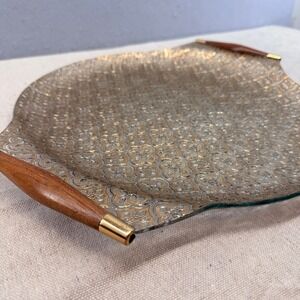 Vintage SIGNED Georges Briard Iberia Spanish Gold Glass Tray Teak MCM 15"